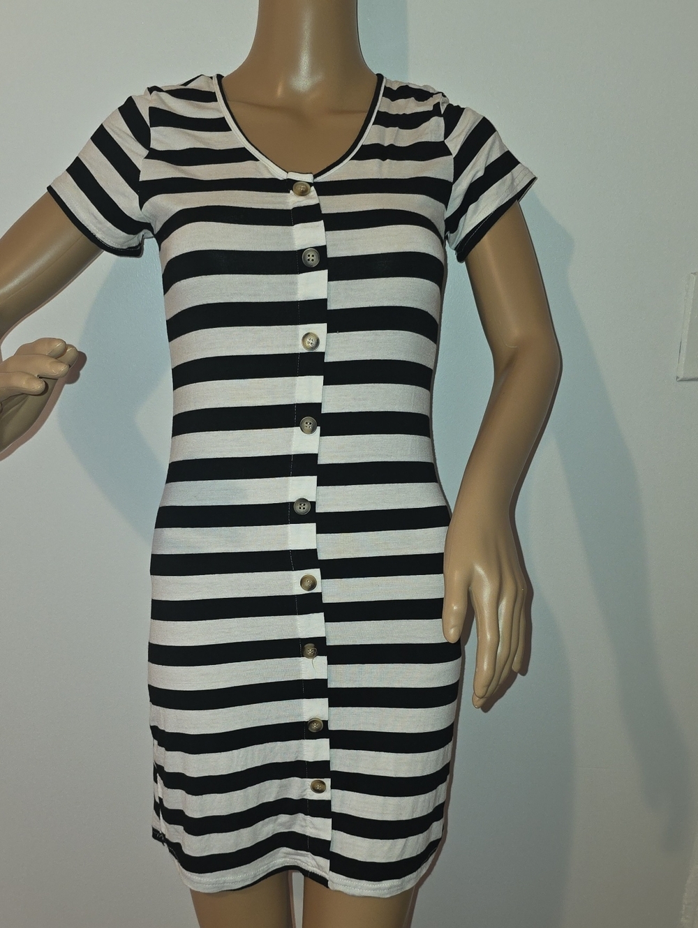 Striped Black & White Button-Front Mini Dress